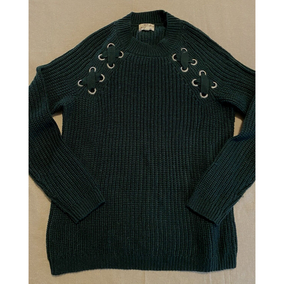 Hippie Rose Sweater Womens Small Green Ribbon Ties Pullover Fisherman Turtleneck - Picture 3 of 12